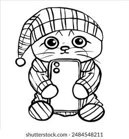 Cat in pyjamas holding a mobile phone, vektr, line art