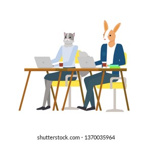 Cat and rabbit in casual clothes working with wireless pc, hipster animal using laptop at desktop, character with computer, workplace or office vector