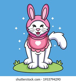 Cat with Rabbit Costume Cartoon. Animal Vector Icon Illustration, Isolated on Premium Vector