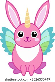 Cat with rabbit ears and butterfly wings behind his back. The cat is smiling. Cat with unicorn horn