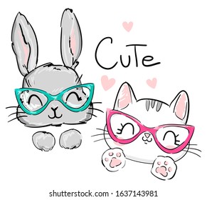 Cat and rabbit with glasses background with hearts. Print design for textiles. Seamless vector illustration.