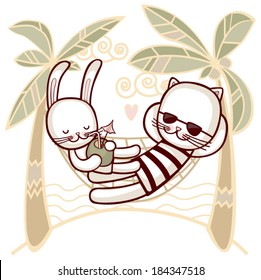 Cat and a rabbit lie in a hammock under a palm tree.