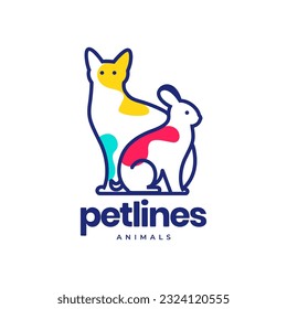 cat and rabbit pets line art colorful abstract modern minimal mascot logo vector icon illustration