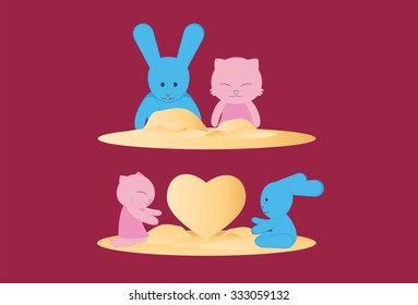 Cat and Rabbit play sand together.