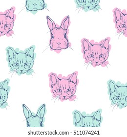 cat with rabbit seamless