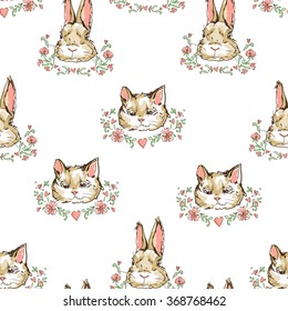 cat with rabbit seamless, art vector illustration