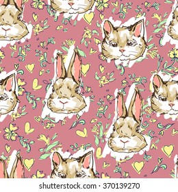 cat with rabbit seamless, art vector illustration, flowers seamless