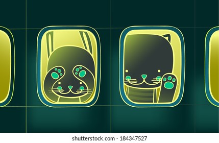 Cat and rabbit sit in the airplane and look out the window.