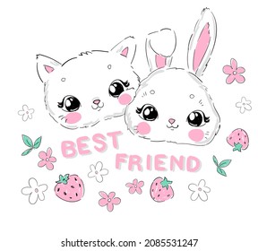 Cat and rabbit vector illustration. Sketch print design beautiful animal for baby background. For newborns design elements Bunny and Kitten