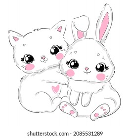 Cat and rabbit vector illustration. Sketch print design beautiful animal for baby background. For newborns design elements Bunny and Kitten