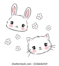 Cat and rabbit vector illustration. Sketch print design beautiful animal for baby background. For newborns design elements Bunny and Kitten