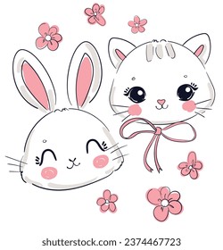 Cat and rabbit vector illustration. Sketch print design beautiful animal for baby background. For newborns design elements Bunny and Kitten