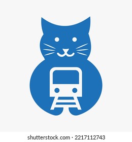 Plantilla de vectores de concepto de espacio negativo del logotipo del ferrocarril del gato. Símbolo del tren de retención de gato