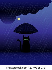 Gato bajo la lluvia con un paraguas. 
