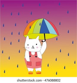 cat rain umbrella vector illustration