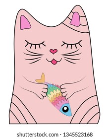 Cat with a rainbow fish in its paws, print, design