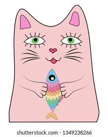 Cat with a rainbow fish in its paws, print, design