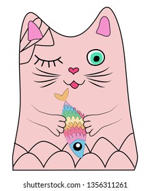 Cat with a rainbow fish in its paws, print, design