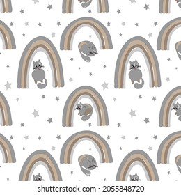 Cat and rainbow seamless vector pattern. Print for adult and children's clothing, stationery, gift wrapping, textiles.