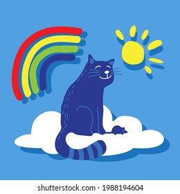 Cat and rainbow. The souls of pets in heaven. Vector illustration. Flat design element for leaflet, poster.