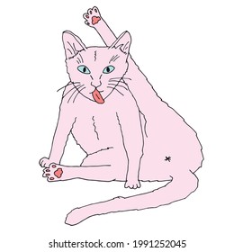 Cat with raised paw and pink tongue cleaning illustration. Vector pet simple hand drawn clip art sketch.