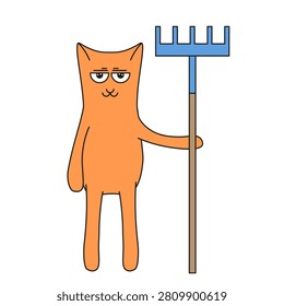 Cat with rake. Vector illustration of red Cat with hand drawn rake isolated transparent background.. Time to Kitchen-garden work. Editable stroke EPS 10