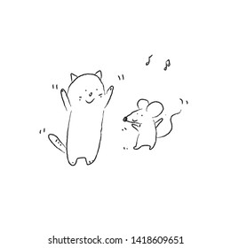 Cat and Rat dancing.Hand drawn  sketch vector illustration.