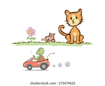 Cat and rat with turtle / Cartoon drawing.