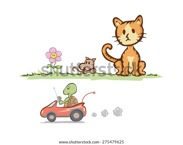 Cat and rat with\
turtle / Cartoon drawing.