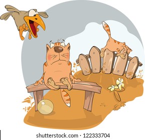 Cat and a raven. Cartoon