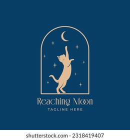 Gato llegando a la plantilla de logotipo del vector abstracto de la luna. Silueta de gato en la ventana del arco nocturno con luna y estrellas en el fondo del cielo. Aislado