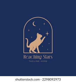 Cat reaching for the star abstract vector logo template. Cat silhouette on the night arch window with moon and stars in the sky background. Isolated