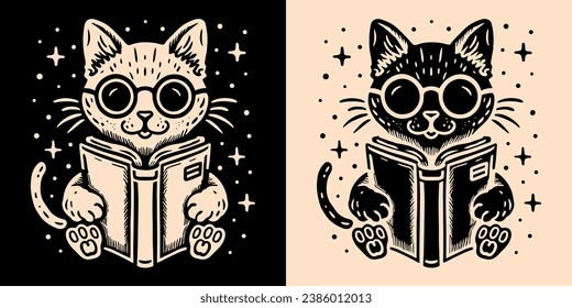 Gato leyendo un libro. Gatito negro y beige vestido con gafas y sosteniendo un libro. Estética de fantasía de galaxia celestial. Dibujo retro vintage para gatos y amantes del libro. Impresión de ilustración vectorial minimalista.