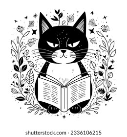 Gato leyendo un libro. Gato blanco y negro con libros y flores. Marco floral. Amantes de los libros y animales. Ilustración vectorial minimalista.