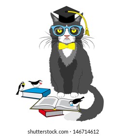 cat reading book in square academic cap, vector illustration