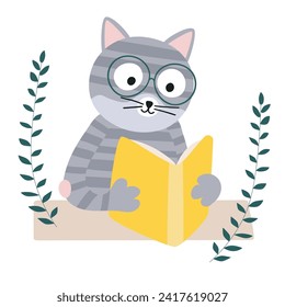 The cat is reading a book. Vector illustration in flat style