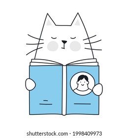 The cat is reading instructions or books on how to use people. FAQ, guidance, manual concept. Thin line vector illustration on white background.