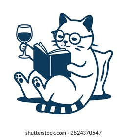 Cat Reading With Wine Glass Blue Silhouette Illustration