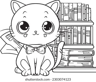 Cat reads books. Librarian cat.