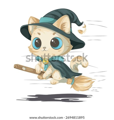 Cat is ready for Halloween, dressed as a witch and soaring through the air on a broomstick