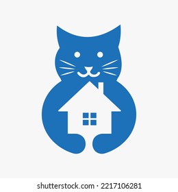 Cat Real Estate Logo Negative Space Concept Vector Template. Cat Holding Home Symbol