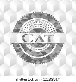 Cat  realistic grey emblem with cube white background