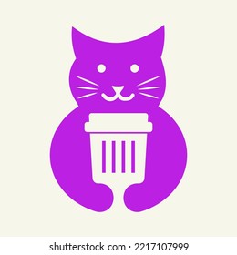 Cat Recycle Bin Logo Negative Space Concept Vector Template. Cat Holding Delete Symbol