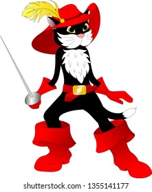 cat in red boots, wearing a hat with a feather, holding a sword in his hands, on a white background