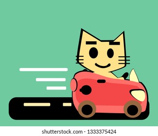 Cat in a red car on the road