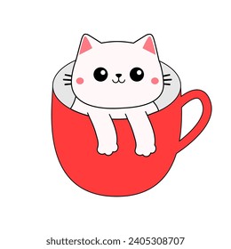 Cat in red coffee tea cup. White kitten. Paws hand. Happy Valentines Day. Contour line doodle. Cute cartoon funny baby animal pet character. Love greeting card. Flat design. White background. Vector
