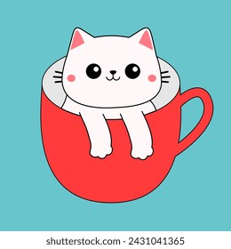 Cat in red coffee tea cup. Happy Valentines Day. White kitten. Paws hand. Contour line doodle. Cute cartoon funny baby animal pet character. Love greeting card. Flat design. Blue background. Vector