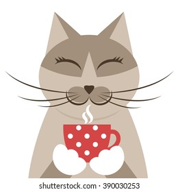 Cat with red cup of tea