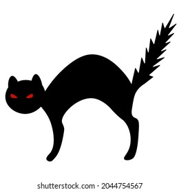 Cat. Red eyes. The frightened animal bristled. Silhouette. Vector illustration. Outline on an isolated background. Flat style. The witch's pet. Halloween symbol. Glowing eyes. Black Friday. 
