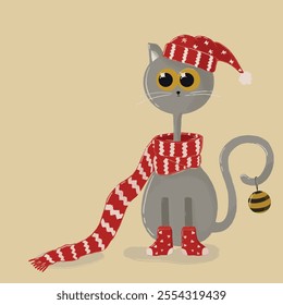 Cat in red hat, christmas and new year card